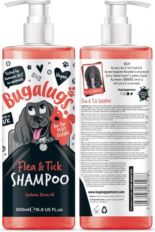 Flea and Tick Dog Shampoo by Bugalugs, Works on Smelly Puppies & Dogs, Contains Neem Oil PH Balanced Vegan Used by Professional Groom (Shampoo 500ml)
