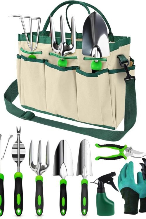 Zenmos 9 Pieces Garden Tools Set, Gardening Hand Tool with 2-in-1 Storage Bag, Gardening Kit with Non-Slip Handles, Heavy Duty Garden Tools for Women & Men – Green