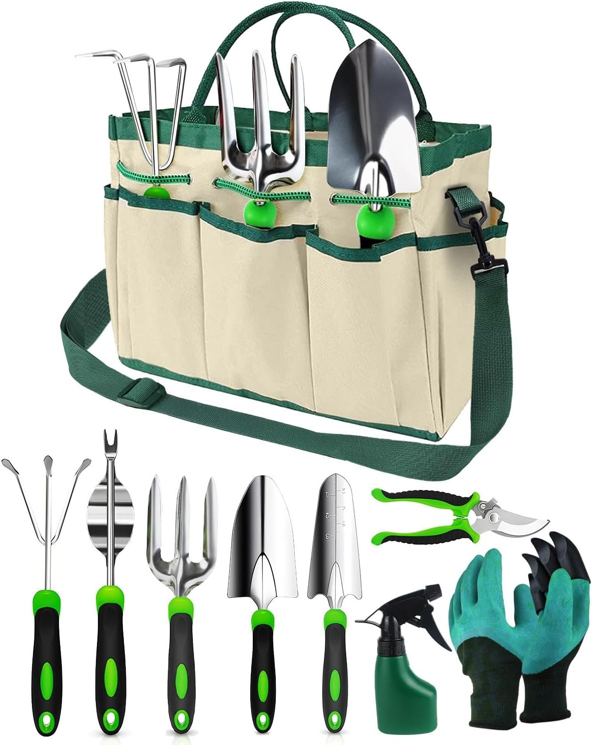 Zenmos 9 Pieces Garden Tools Set, Gardening Hand Tool with 2-in-1 Storage Bag, Gardening Kit with Non-Slip Handles, Heavy Duty Garden Tools for Women & Men - Green