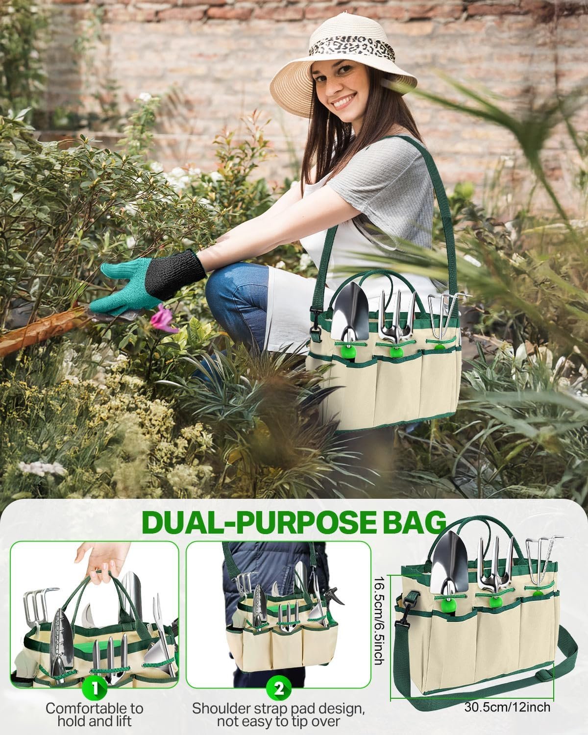 Zenmos 9 Pieces Garden Tools Set, Gardening Hand Tool with 2-in-1 Storage Bag, Gardening Kit with Non-Slip Handles, Heavy Duty Garden Tools for Women & Men - Green - Image 2