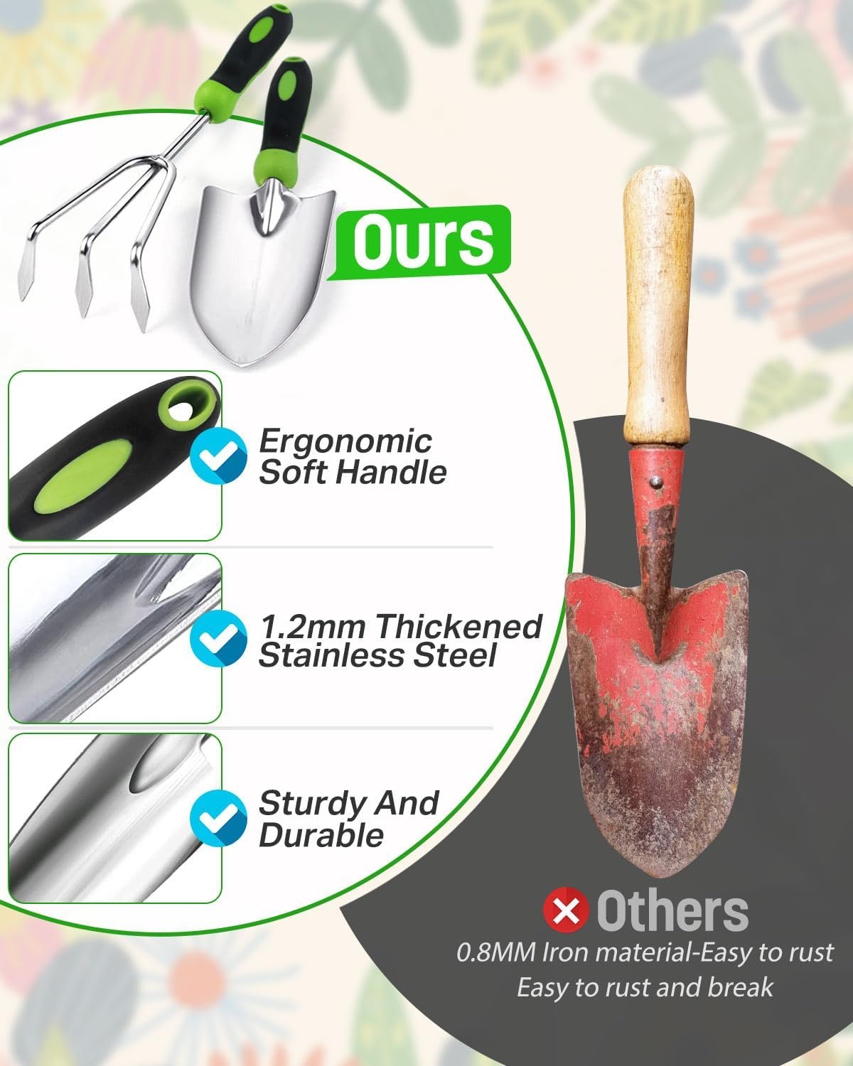 Zenmos 9 Pieces Garden Tools Set, Gardening Hand Tool with 2-in-1 Storage Bag, Gardening Kit with Non-Slip Handles, Heavy Duty Garden Tools for Women & Men - Green - Image 3