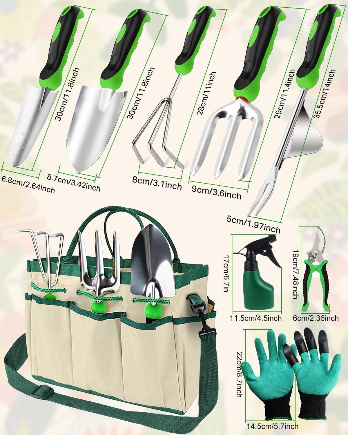 Zenmos 9 Pieces Garden Tools Set, Gardening Hand Tool with 2-in-1 Storage Bag, Gardening Kit with Non-Slip Handles, Heavy Duty Garden Tools for Women & Men - Green - Image 4