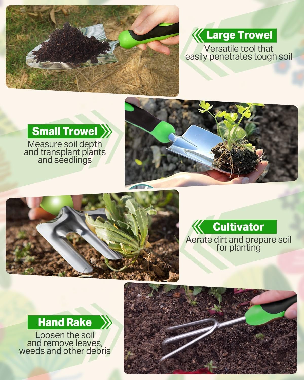 Zenmos 9 Pieces Garden Tools Set, Gardening Hand Tool with 2-in-1 Storage Bag, Gardening Kit with Non-Slip Handles, Heavy Duty Garden Tools for Women & Men - Green - Image 6