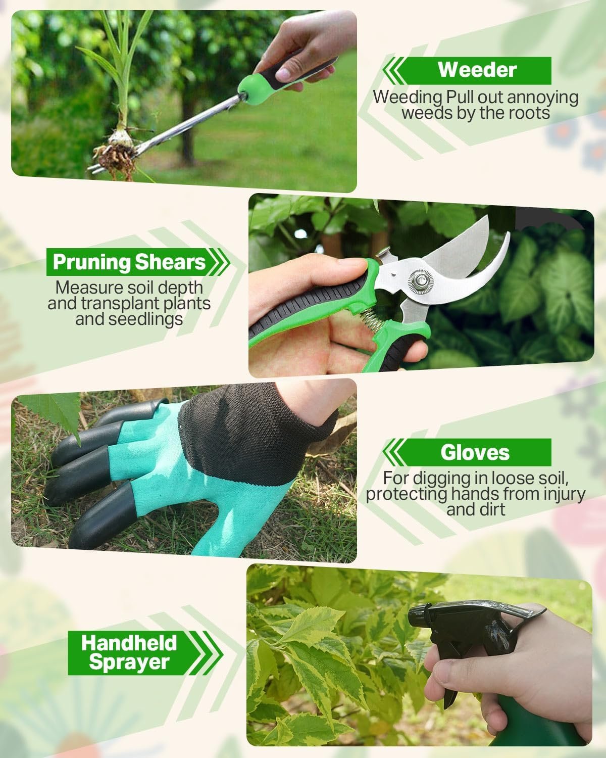 Zenmos 9 Pieces Garden Tools Set, Gardening Hand Tool with 2-in-1 Storage Bag, Gardening Kit with Non-Slip Handles, Heavy Duty Garden Tools for Women & Men - Green - Image 5