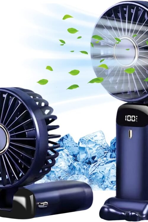 Jsdoin Hand Held Fan,Portable Handheld USB Rechargeable Fans with 5 Speeds,Battery Operated Mini Fan Foldable Desk Desktop Fans with LED Display for Home Office Bedroom Outdoor Travel (DarkBlue)