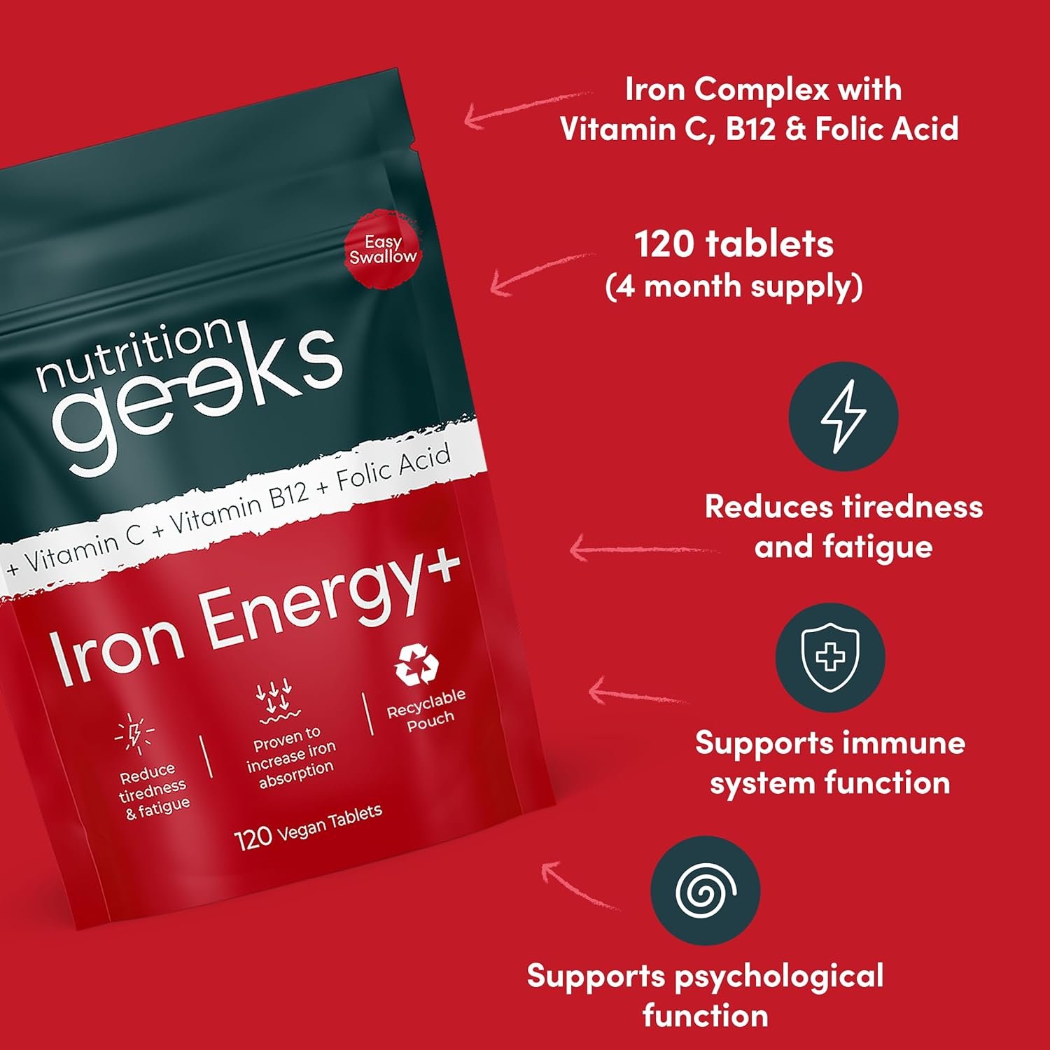 Iron Tablets High Strength - Energy Tablets with Vitamin C, B12 & Folic Acid - 120 Vegan Iron Supplements for Women and Men - 14mg - Enhanced Energy Support & Increased Absorption - UK Made - Image 4