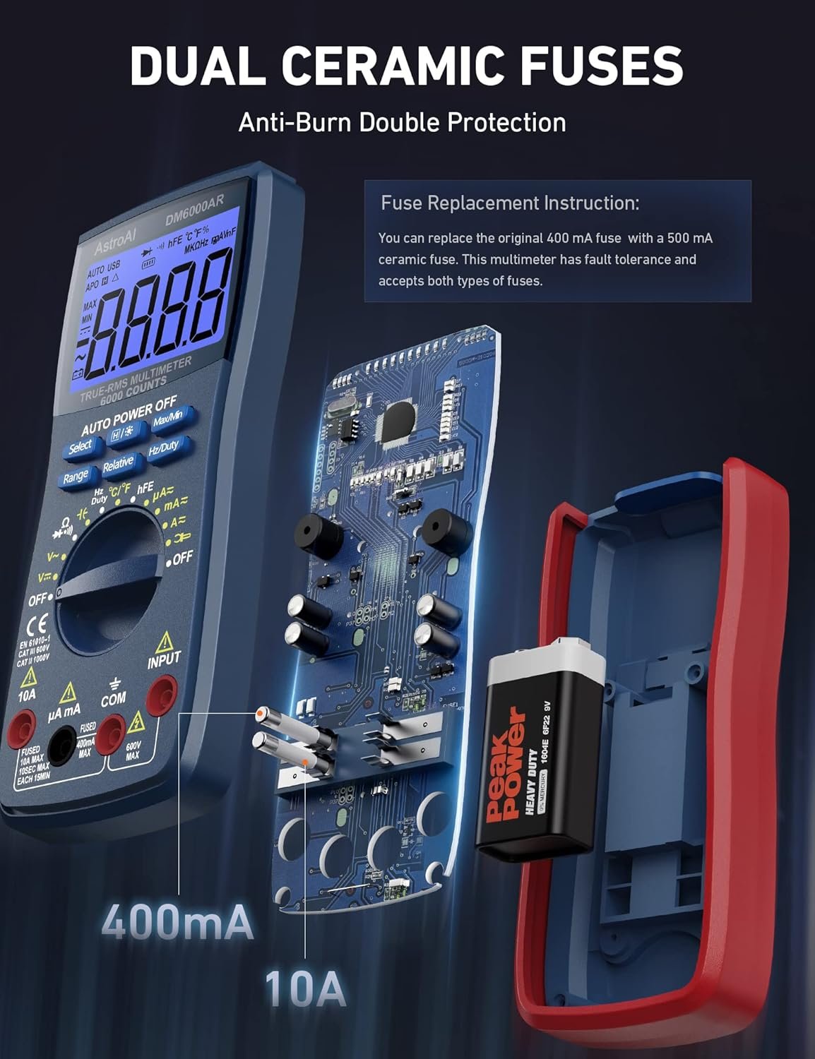 AstroAI Digital Multimeter, TRMS 6000 Counts Multimeters Manual and Auto Ranging; Measures Voltage, Current, Resistance, Continuity, Capacitance, Frequency; Tests Diodes, Transistors, Temperature - Image 4