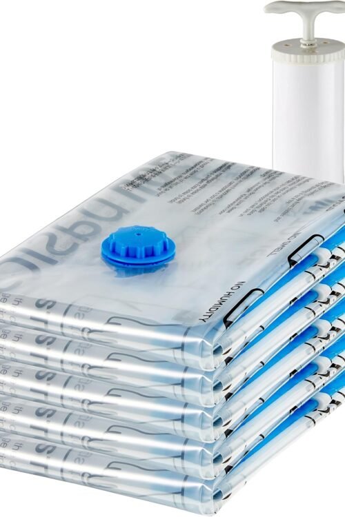 Amazon Basics Vacuum Compression Zipper Storage Bags with Airtight Valve and Hand Pump, Large, 5-Pack, Clear