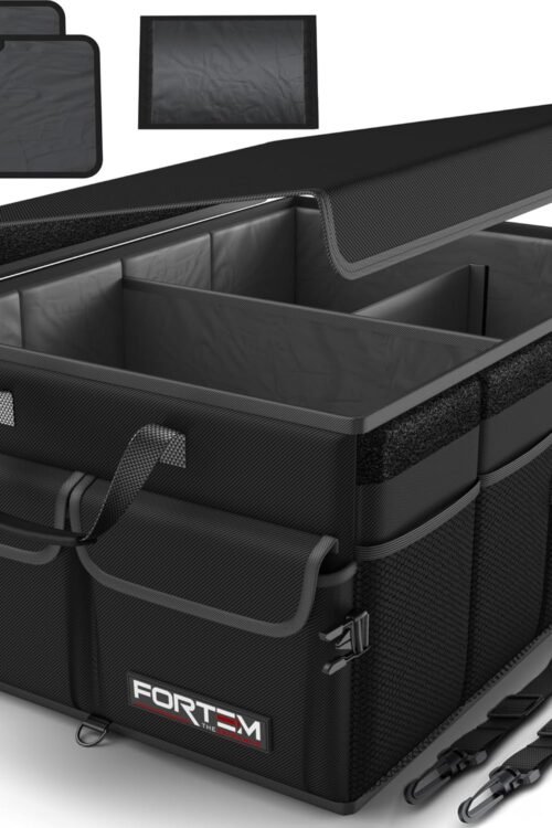 FORTEM Car Boot Organiser, Collapsible Multi Compartment SUV Organizer, Foldable Storage for Car Accessories for Women Men, 600D Oxford, Non Slip Bottom, Securing Straps, Soft Cover (50L)