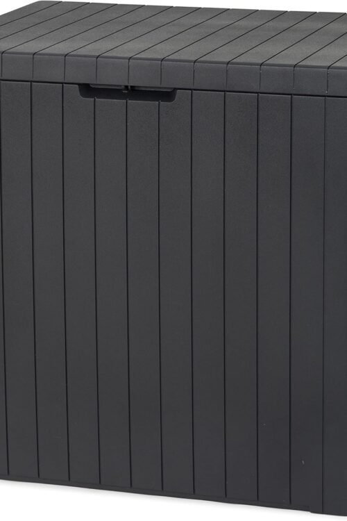 Keter City 113L Outdoor 96% recycled Small Balcony Garden Furniture Storage Box Grey Wood Panel Effect | Fade Free | All Weather Resistant | Safe and Secure | Zero Maintenance | 2 year Warranty