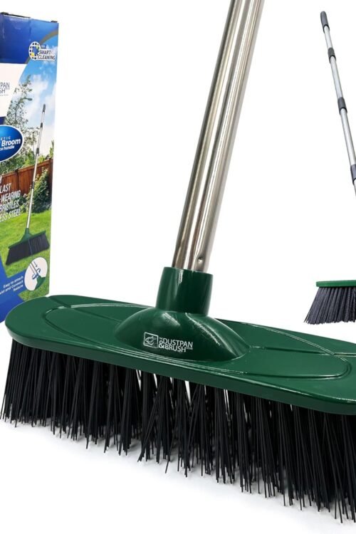 Yard Broom Outdoor Heavy Duty, 10” Garden Broom Synthetic Hard Bristle Brush Head with Strong Handle, Stiff Sweeping Brush Outdoor