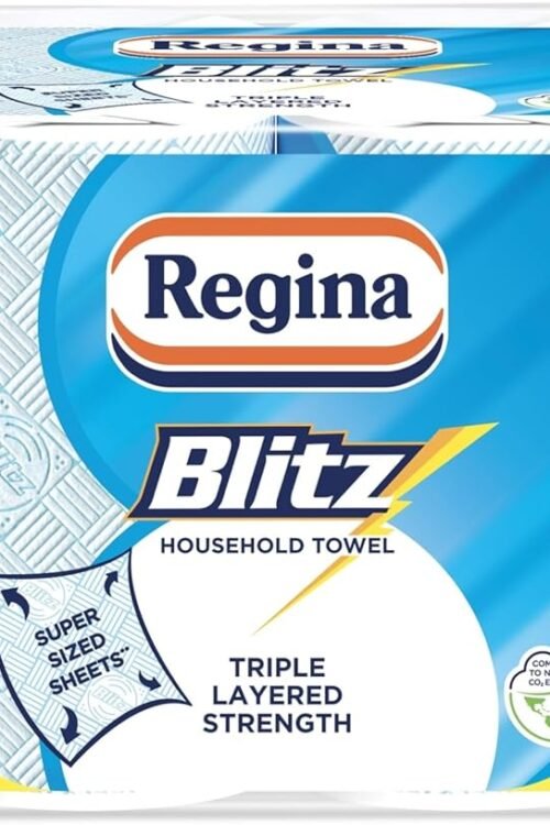 Regina Blitz Household Towels – 8 Triple Layered Rolls, 70 Sheets Per Roll, Paper Packaging, FSC Certified Paper, Recyclable Packaging, 60% Larger Than Standard Kitchen Roll Sheets