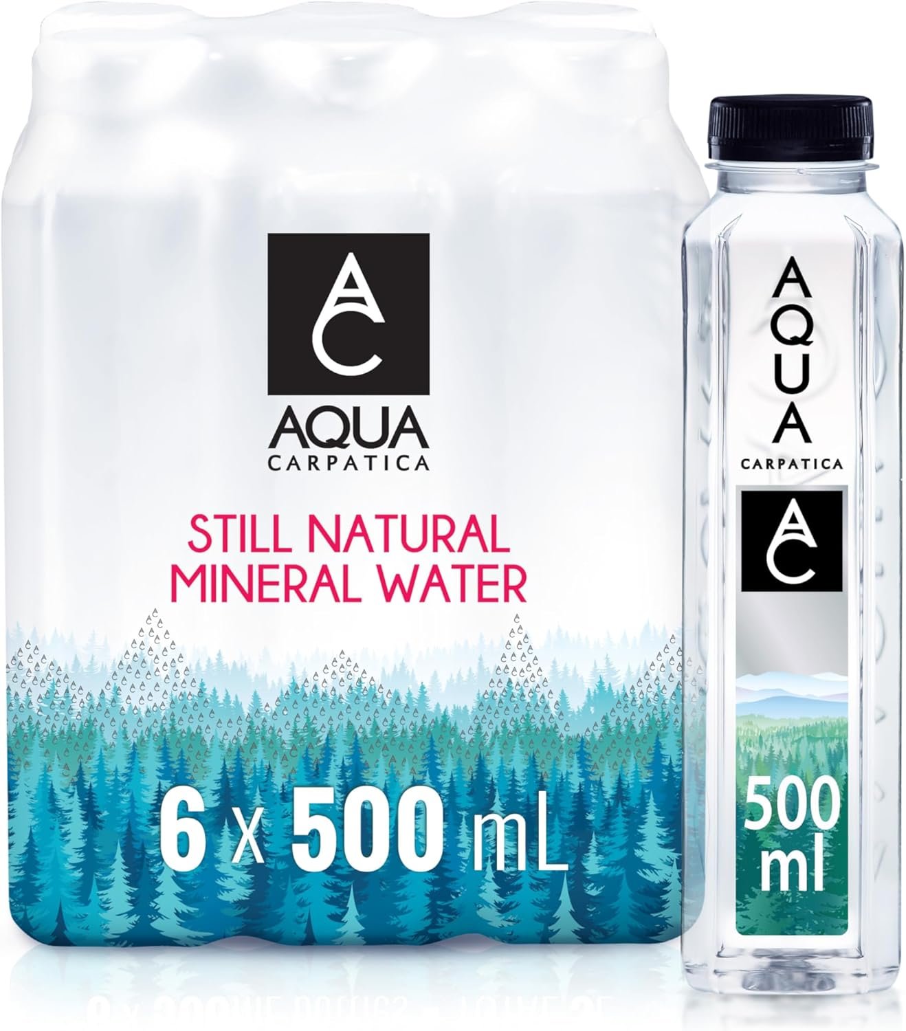 AQUA Carpatica Pure Natural Still Mineral Water, Virtually Nitrate Free, Low Sodium, Naturally Alkaline, Natural Electrolytes, Premium Multipack 100% Recyclable, 500 ml (Pack of 6)